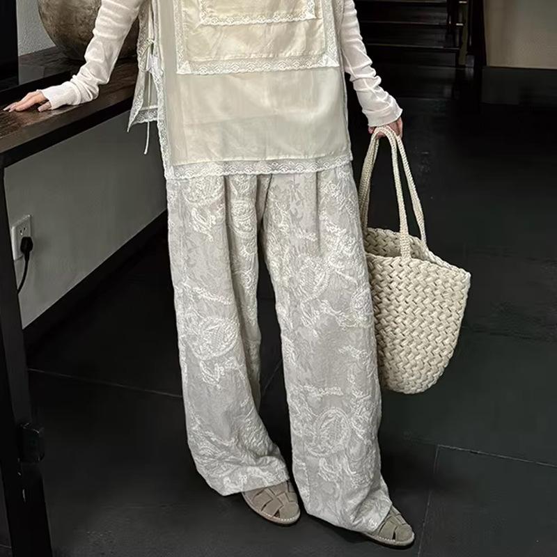 Owis Floral Embroidery Cotton Linen Tassel Waist Pants Medium