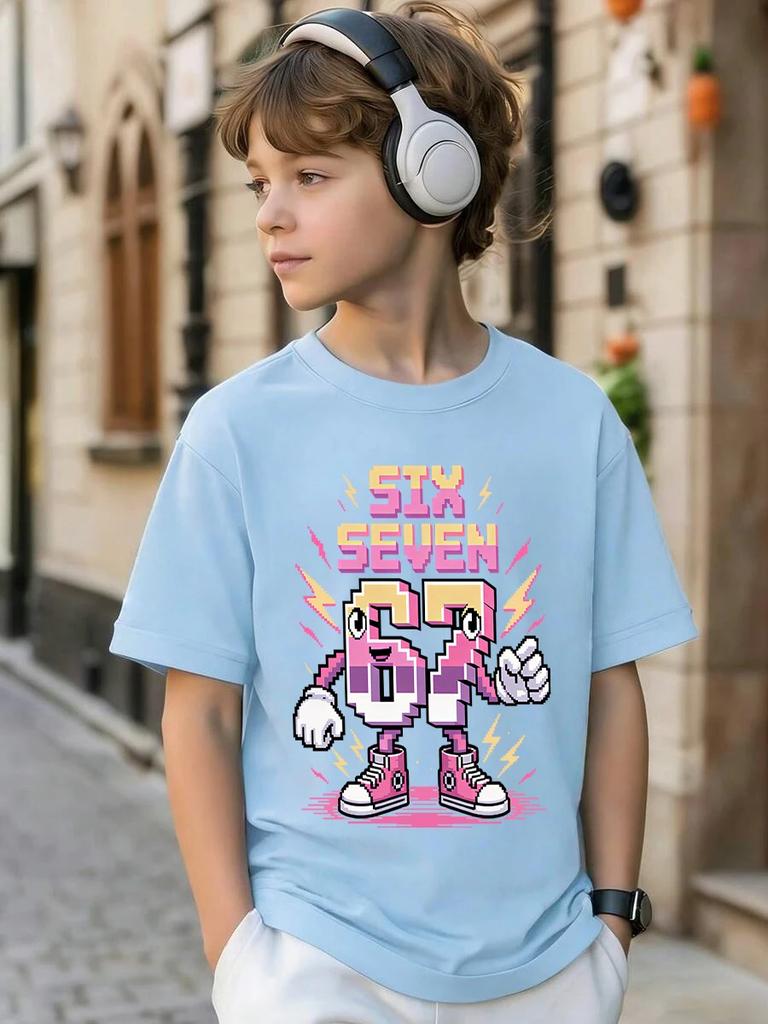 Six Seven 67 Italian Brainrot Funny Kids Short Sleeve T Shirt Summer Crewneck Cute Cartoon Hot Age 3-14 Boys Girls