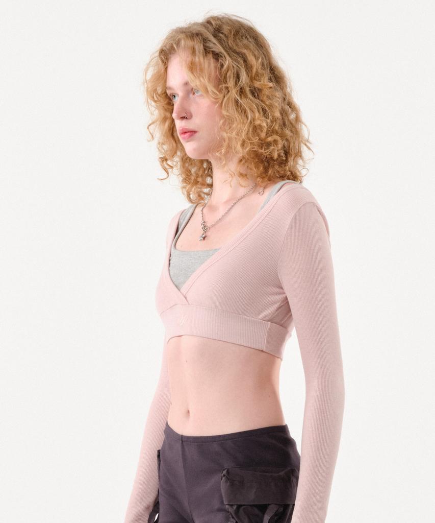 Podeowedeo Deep V-Neck Ribbed T-Shirt (Light Pink)
