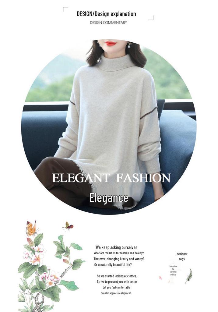 Women's Mid-Length High Neck Wool Sweater with Tassel - Loose Fit, Autumn/Winter Fashion.