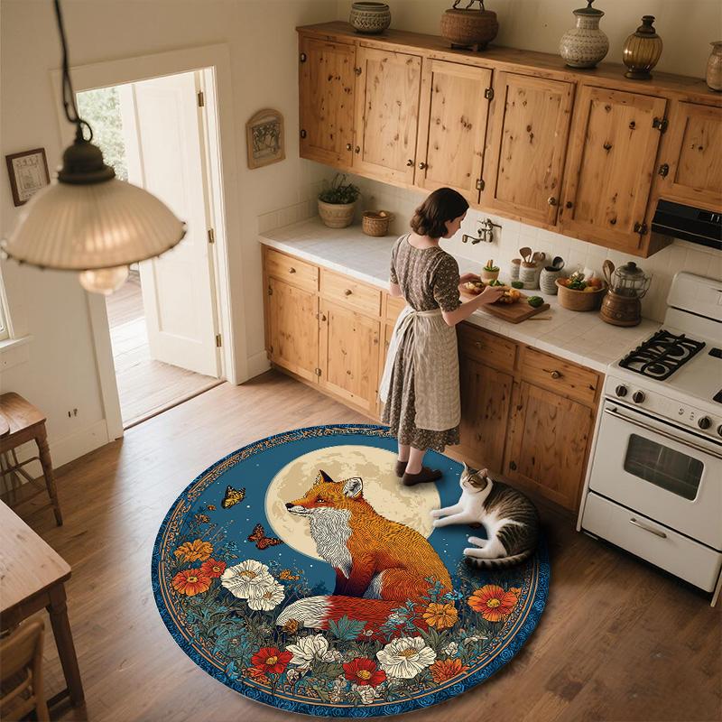 Flower Fox,Round Area Rug,Carpet Rug for Living Room Bedroom Sofa Playroom Decor,Non-slip Floor Mat