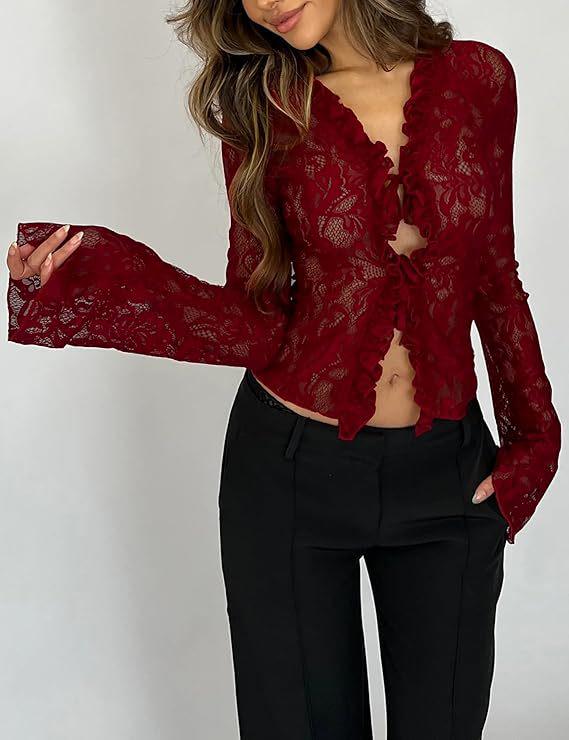 2026 Spring/Summer Women's Elegant Lace V-Neck Long-Sleeve Shirt