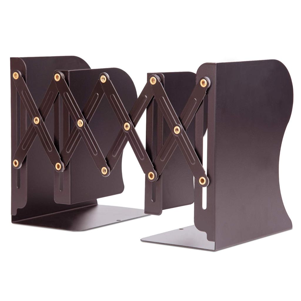 ALIOBC Extendable Metal Desktop Bookshelf with Magazine and Document Newspaper Retractable Office Brown Bookends, Anti-Tip Dividers, Storage, Files,