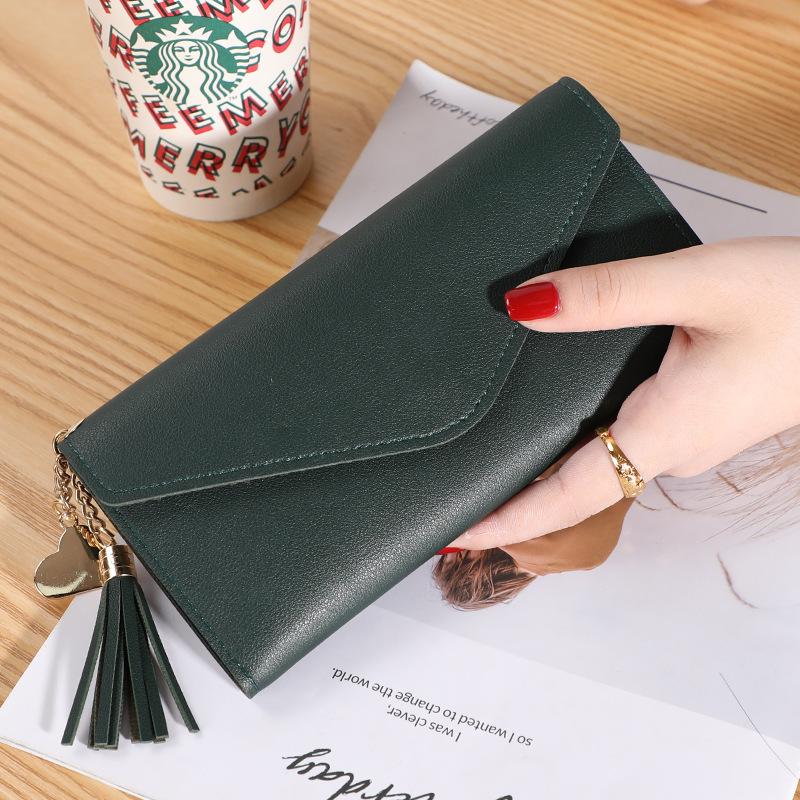 Wallet women's long heart-shaped fringe three-fold flip clutch bag simple lychee pattern women's wallet