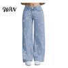 High Elasticity Denim Girl's Bow Cherry Print Baggy Jeans, Wide Leg Mid Waisted Women Jeans Pants, Zipper Fly Elastic Casual Streetwear with Pockets