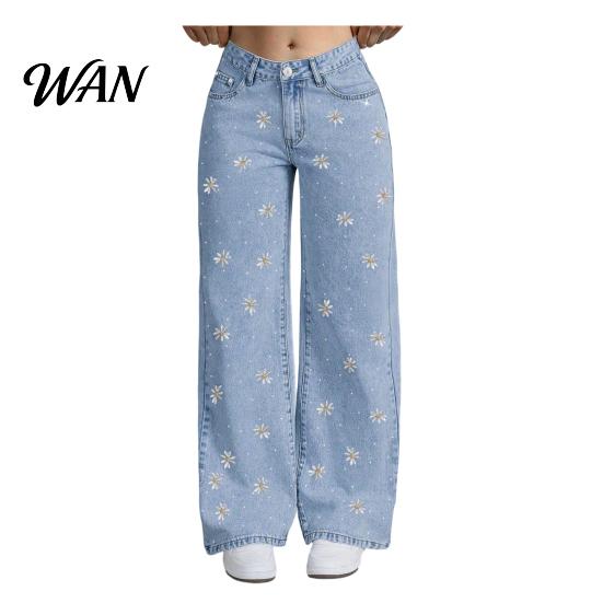 High Elasticity Denim Girl's Bow Cherry Print Baggy Jeans, Wide Leg Mid Waisted Women Jeans Pants, Zipper Fly Elastic Casual Streetwear with Pockets