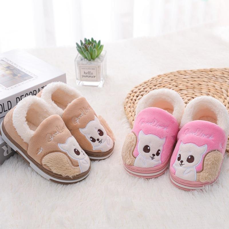 Slippers Fashion Girls Toddler Winter Warm Shoes Casual Home Gear Baby Boy Antislip Sole Loafers Cartoon Squirrel Kids Footwear