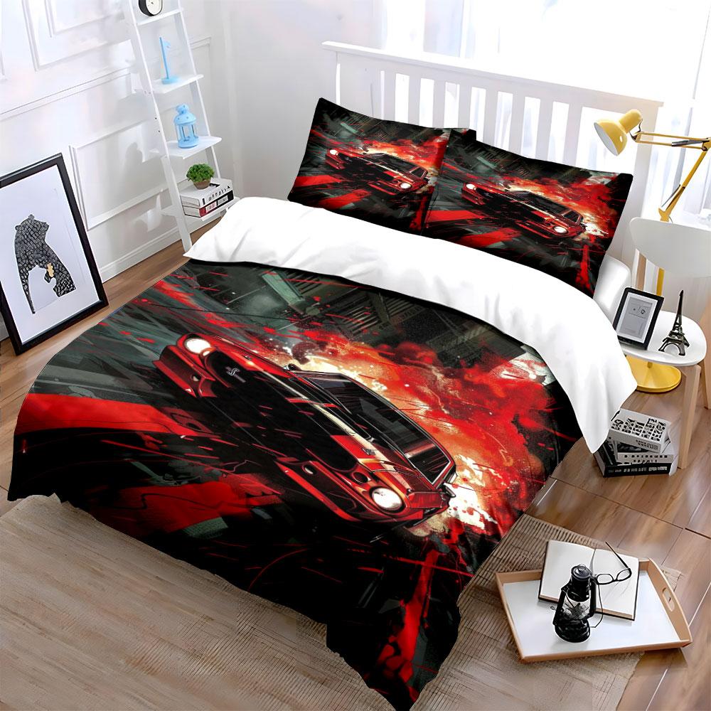 Red Muscle Car with Flames Bedding Duvet Cover Set  (1*Duvet Cover 2*Pillowcases, without duvet insert)