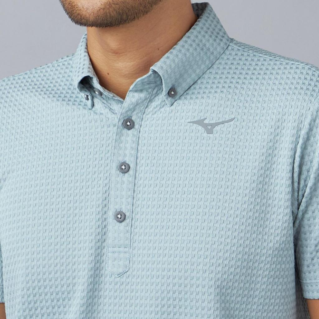 Golf Wear Knit Jacquard Gingham Shirt with Easy to Move 52MAD018 Quarry Gray M [Mizuno] Short-Sleeve Button-Down Collar, Sweat-Wicking, Quick-Drying,