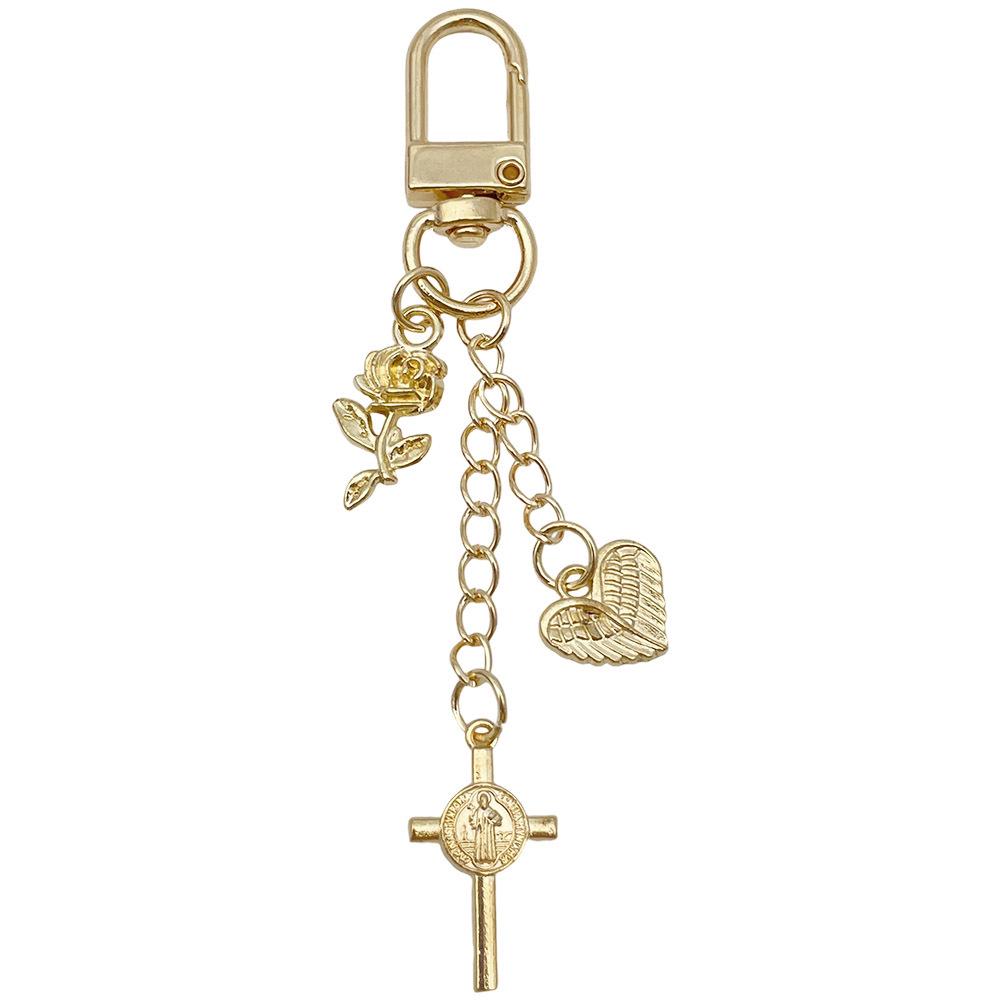 Gold Rose Heart Wings Cross Alloy Keychain Pendant