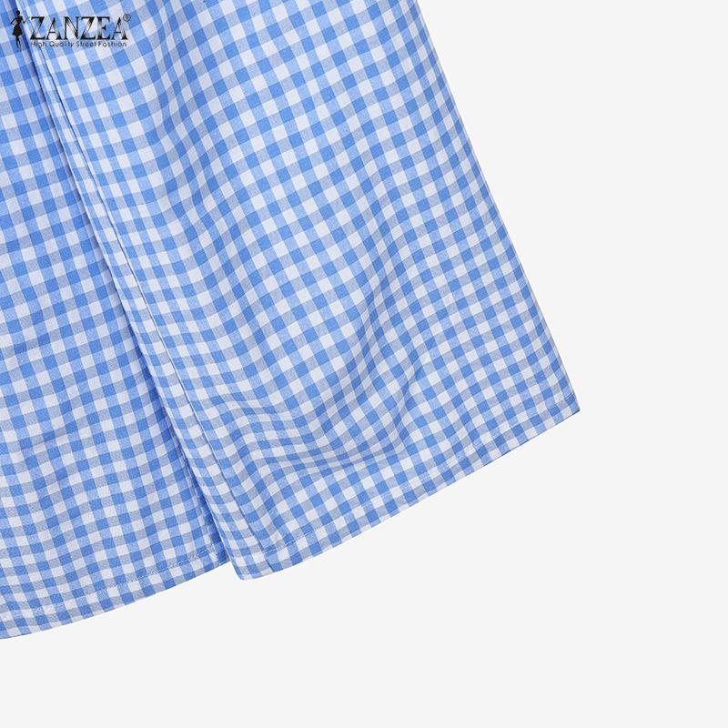 ZANZEA Women 3/4 Sleeve Blouse and Pants Casual Plaid Print Two Piece Suit Sets