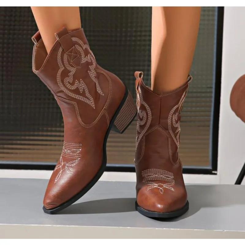 New Western Boo Cowgirl High Knee Boots New Trend Wedge Heels Embroidered Winter Shoes for Women Brown Cowgirl Cowboy Boots
