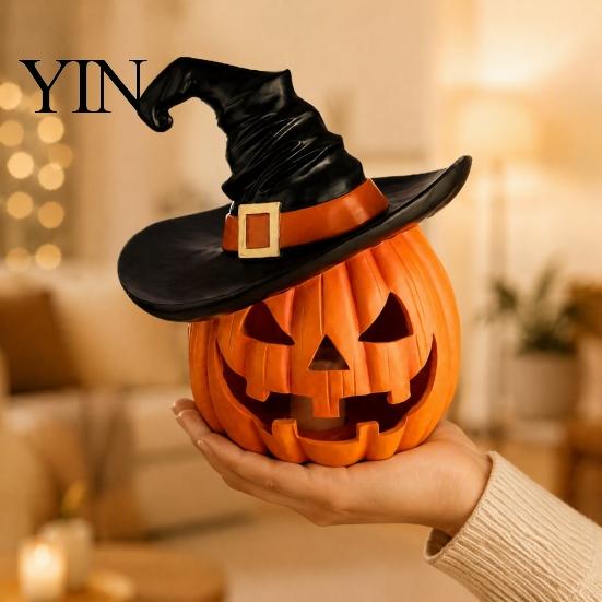 Haunted House Requisiten Halloween Kürbis Ornament mit Hexenhut, Harz Jack O Lantern Dekorative Lampe, Atmosphärische Raumaccessoires Gruseliges Gesicht Figur