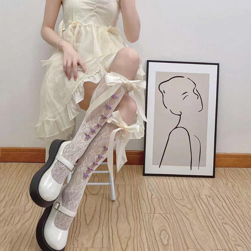 Women Sexy Lace Mesh White Black Fishnet Knee High Long Socks Lingerie Cute Gothic Style Ruffles Hollow Bow JK Lolita Stockings