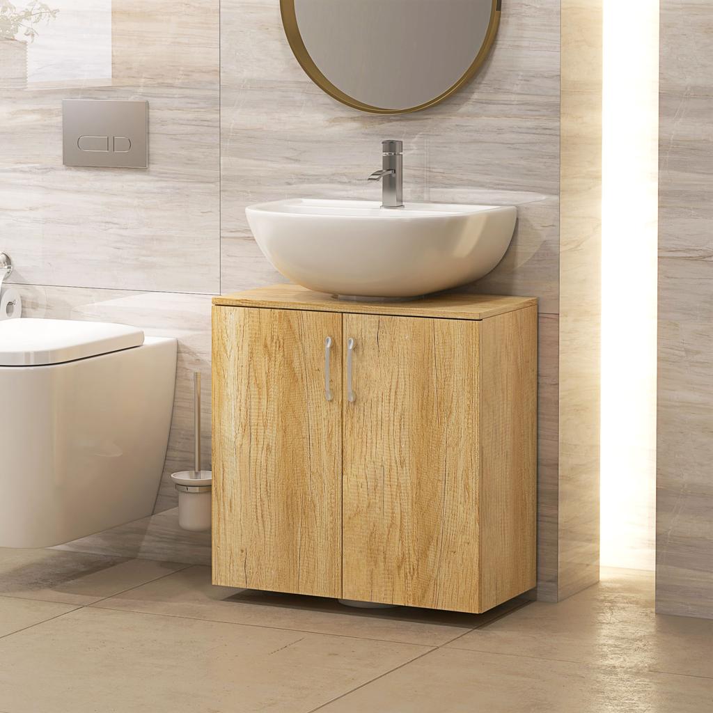 Suspended Under-Sink Bathroom Cabinet with 2 Doors and 2 Shelves in Wood, Natural Color