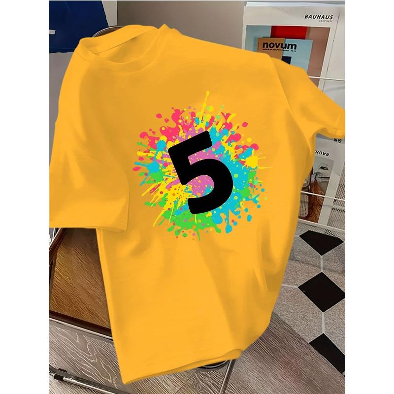 Kids Crewneck Short Sleeve T-Shirt, Doodle Number 5 Multicolor Splatter Print