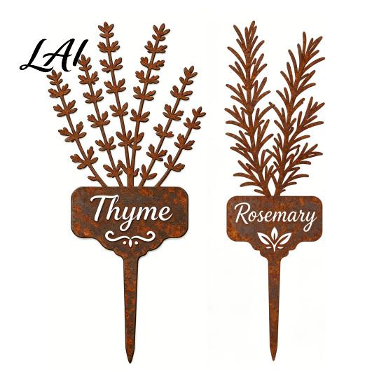 Gartendeko für Innenhöfe Rasenflächen Metallpflanzenstab Rostiges Rosmarinetikett Dekorative Kräuteretiketten Outdoor Thymian-Markierer Hofkräuter Hochbeet Pflanzgefäß