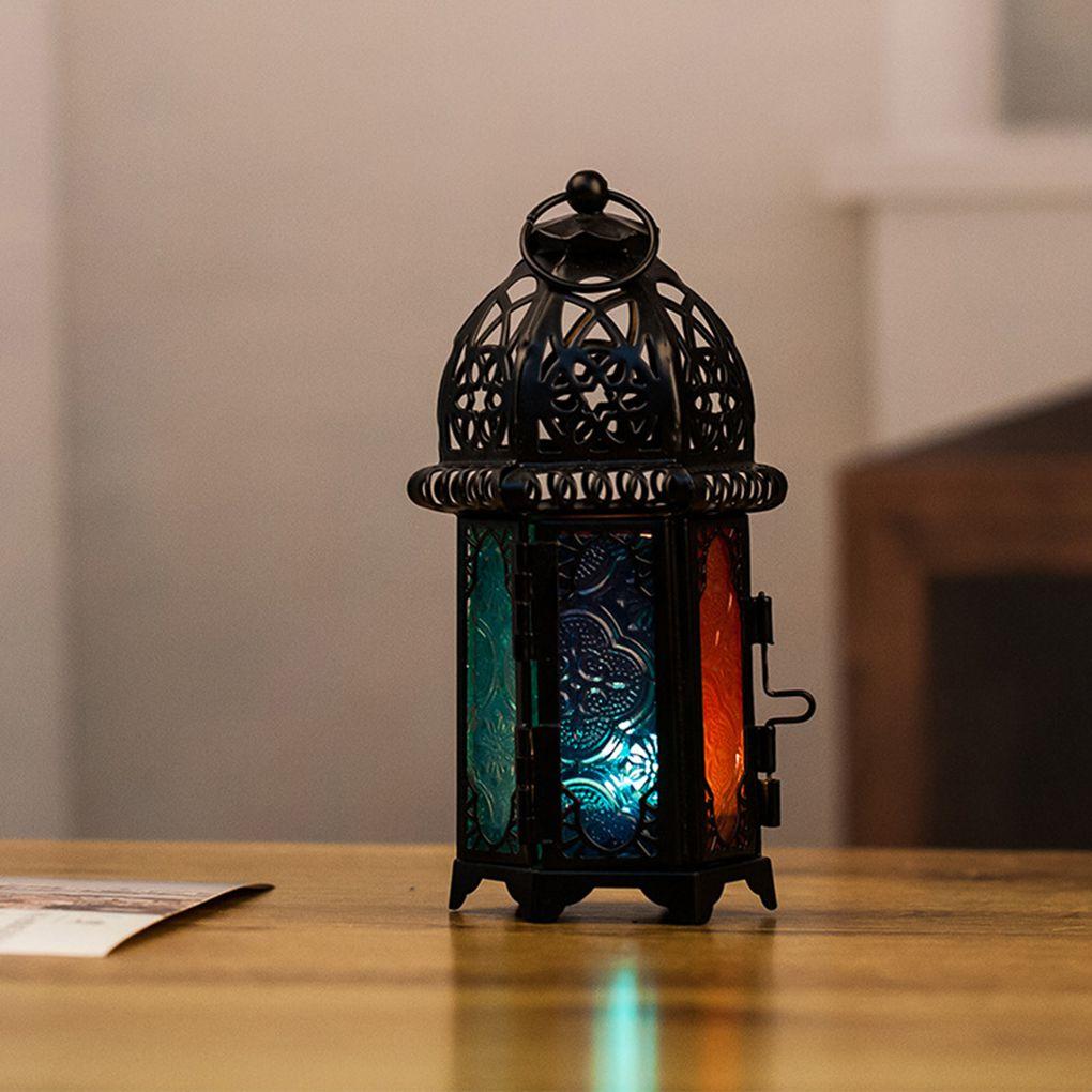 New Iron Hanging Candle Lantern Glass Crystal Moroccan Candlestick Metal Hollow Candle Holder Home Coffee Shop Decoration
