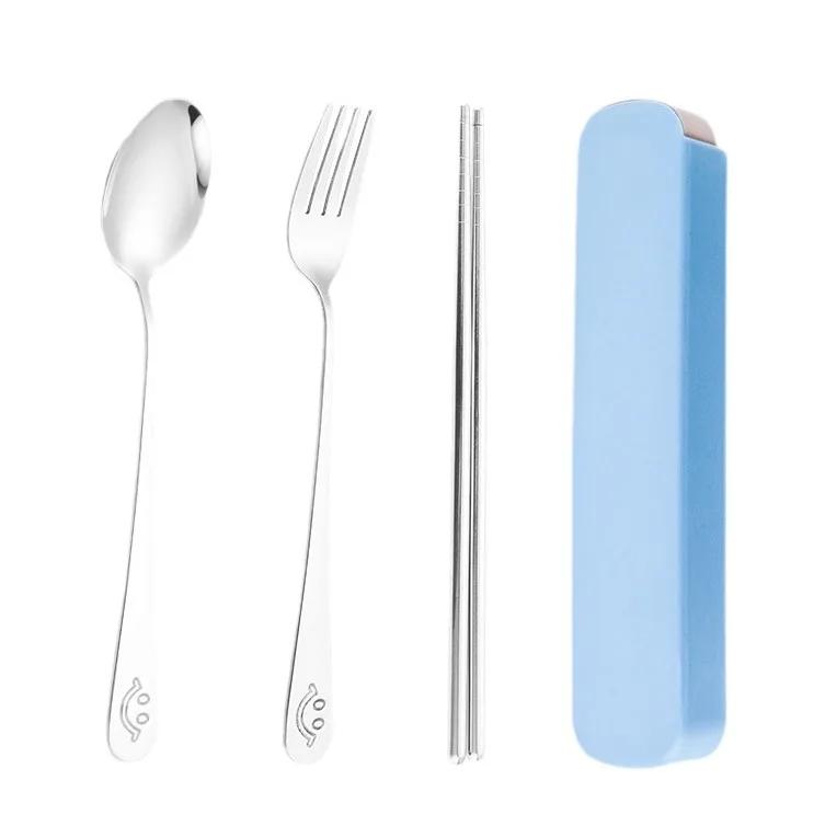 Stainless Steel Tableware, 3/2pcs Set, Outdoor Travel Smiley Face Spoon Fork Chopsticks, Creative Cute Gift Student Portable Set