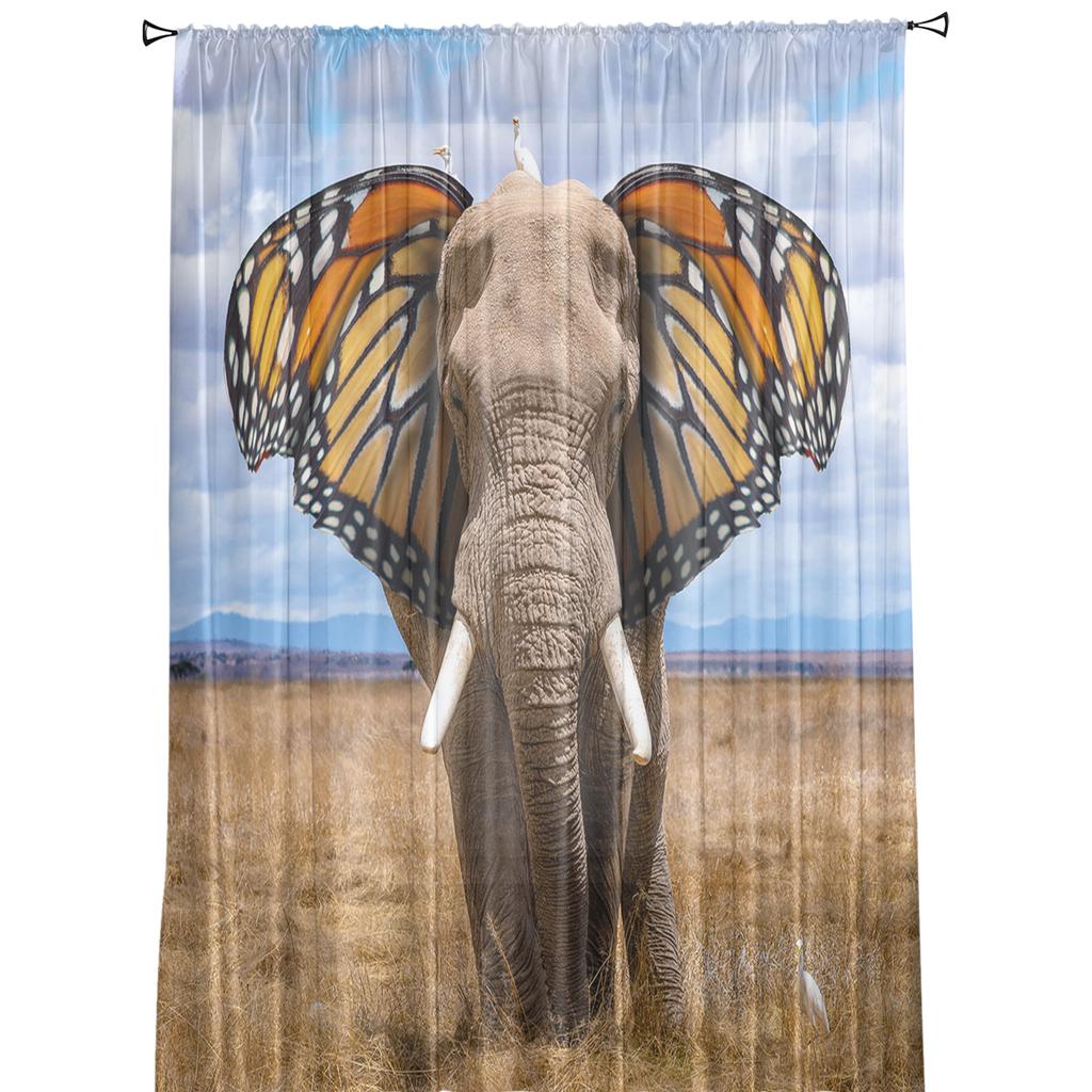Elephant Butterfly Ears Abstract Tulle Curtains For Living Room Decoration Modern Chiffon Sheer Voile Kitchen Curtain