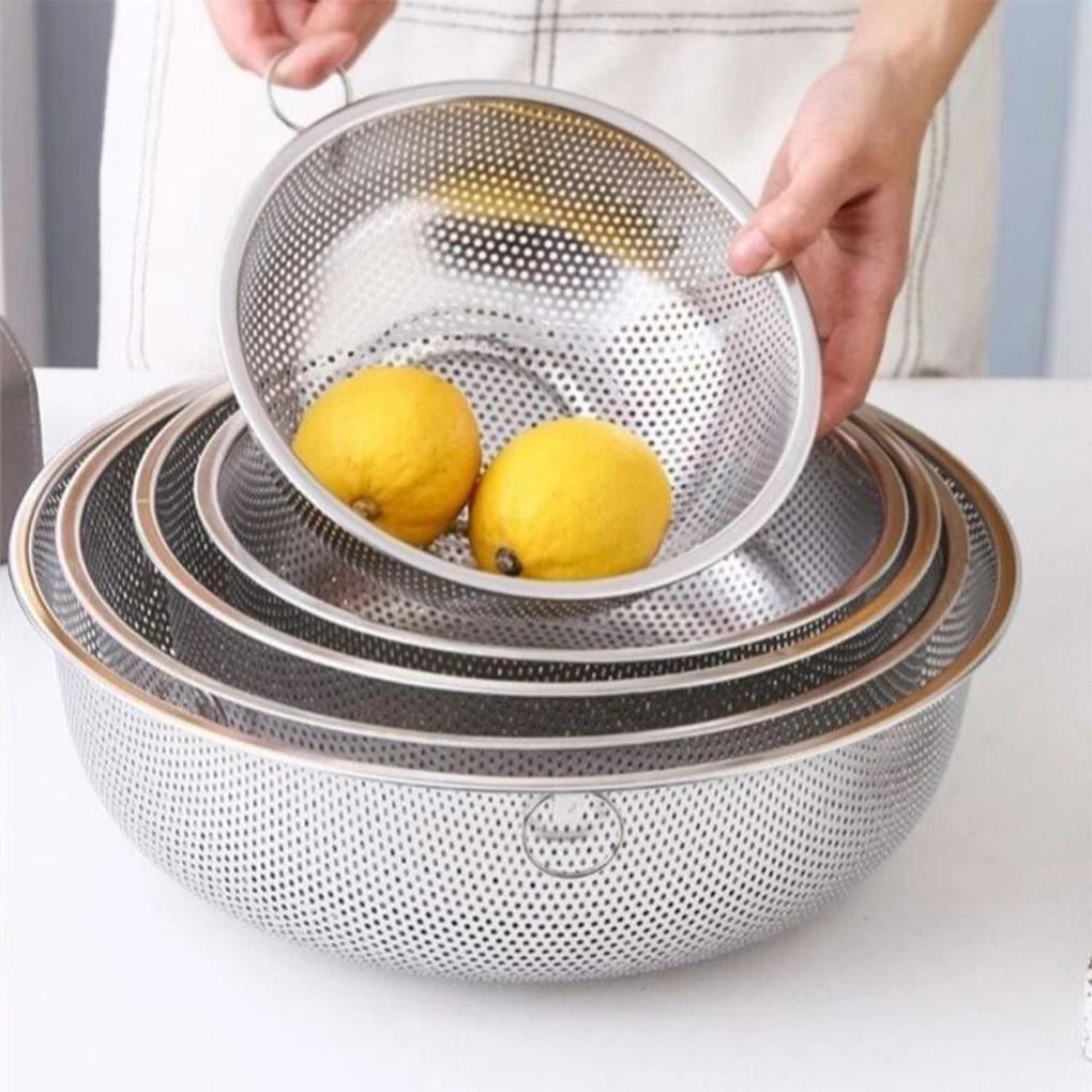 Stainless Steel Drain Basket Colander Fruit Rice Vegetable Washing Basket Strainer Drainer with Handle Kitchen Storage Tools