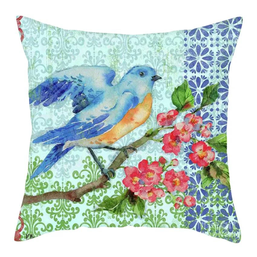 Animal Series Blue Bird Print Cushion Cover Art Painting Bird Polyester Pillow Case For Sofa Bed Pillow Cover Home Decor 45X45Cm