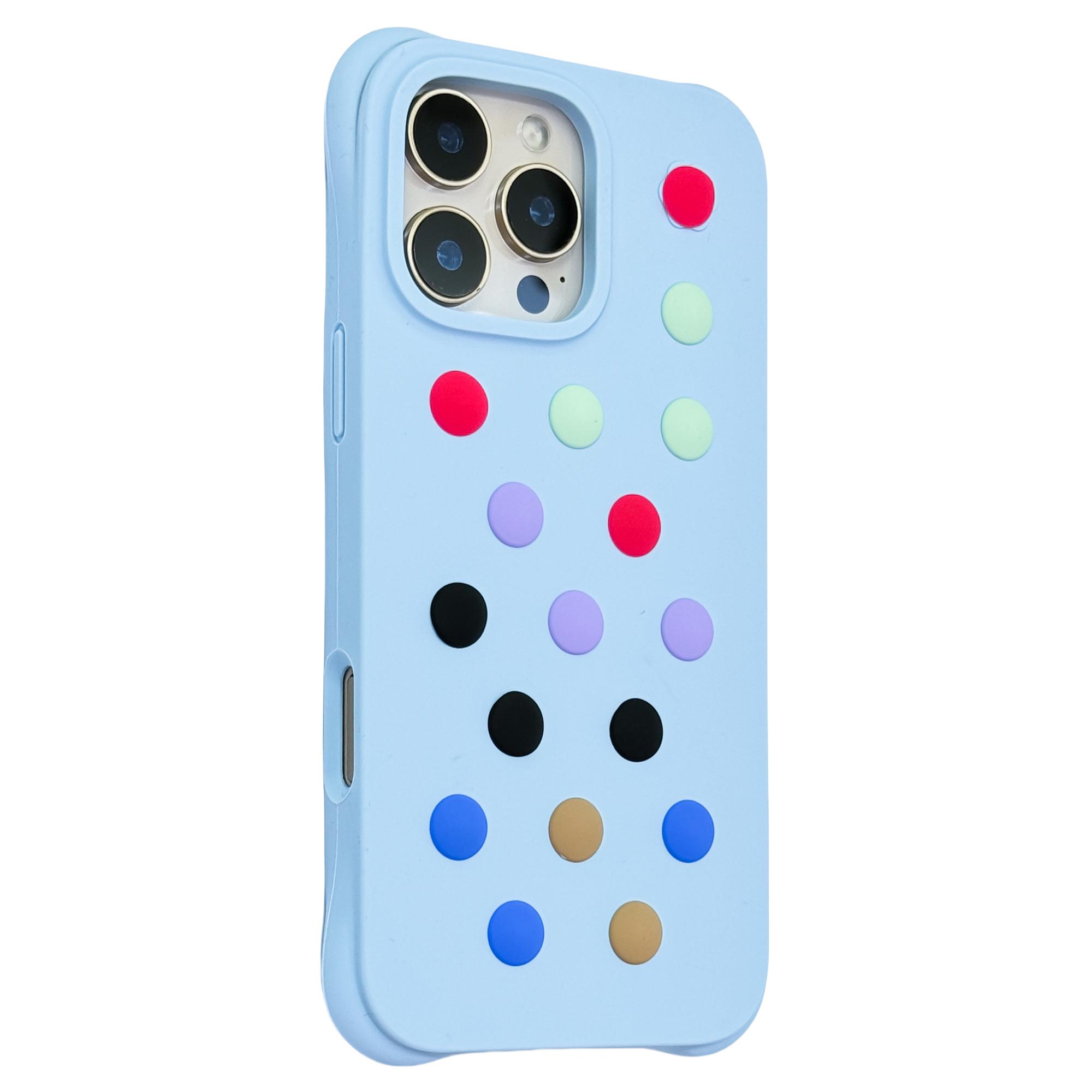 

For iPhone 16 Pro Liquid Silicone Case Hollow Out Phone Cover with DIY Mixed Dots Cyan