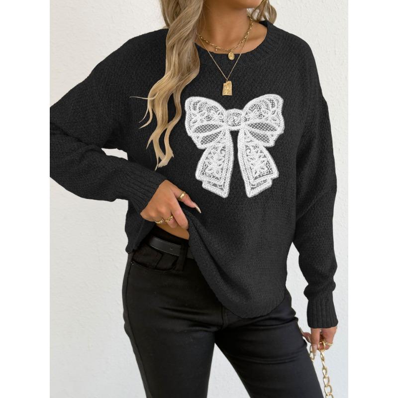 

Новый осенне-зимний пуловер с круглым вырезом, базовая рубашка, вышитое кружево, стежки «бабочка», вязаный свитер S чёрный