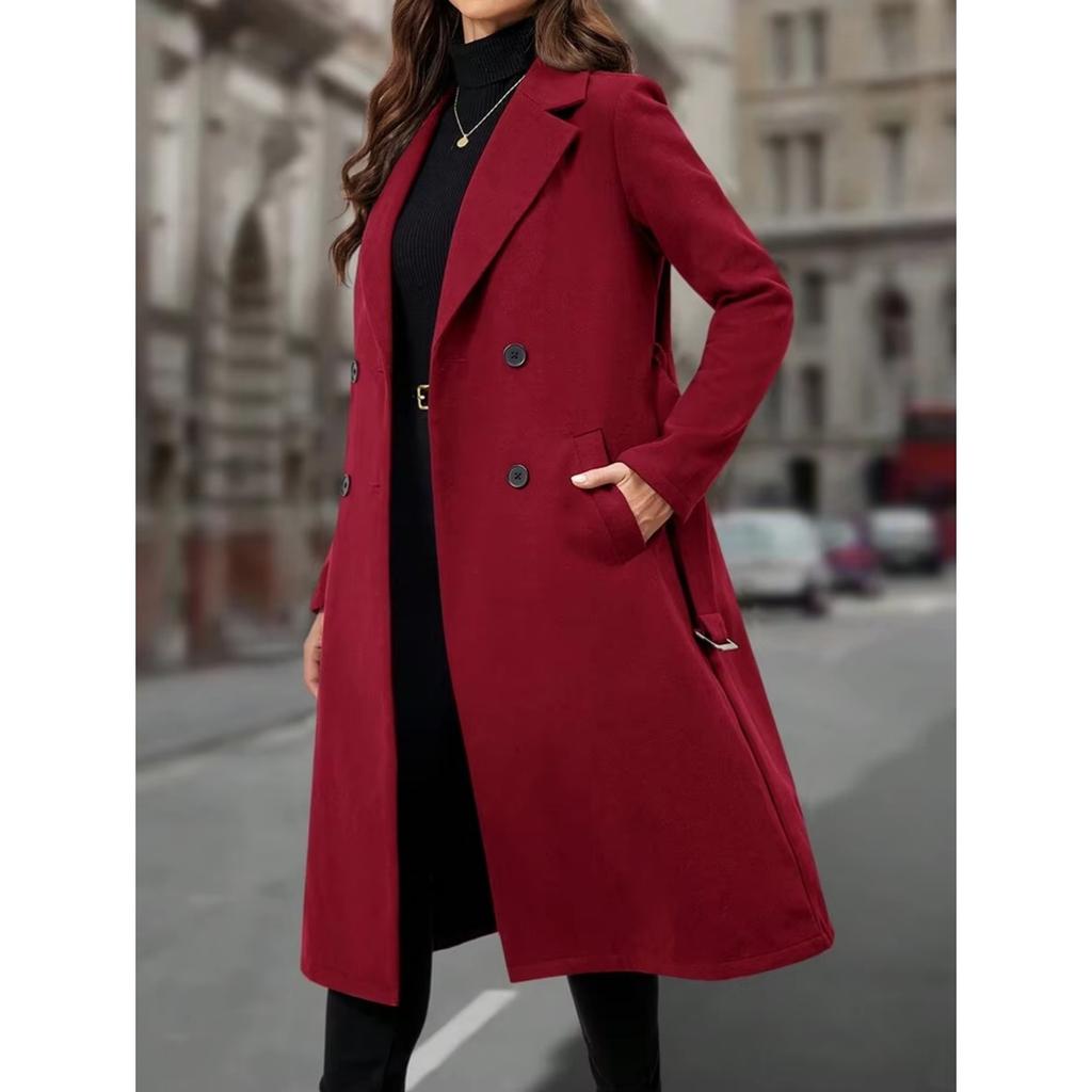 Gabardina Larga de Lana para Mujer Doble Botonadura Cinturón Ajustada Ropa de Abrigo Estilo Europeo y Americano