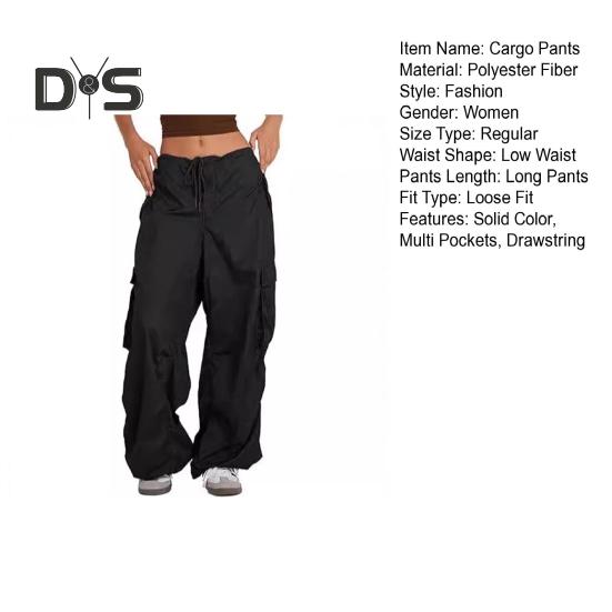 Dámské cargo kalhoty nastavitelné stahovací šňůrkou široké nohavice letní kalhoty s mnoha kapsami nízký pas jednobarevné dlouhé kalhoty
