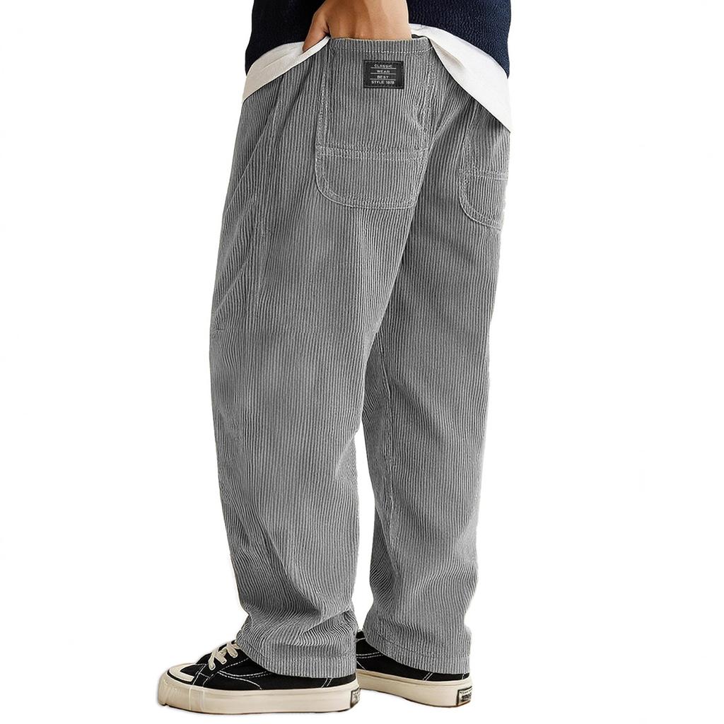Mens Corduroy Loose Fit Trousers Straight Leg Casual Pants With Patch Pockets And Elastic Waistband For Daily Wear
