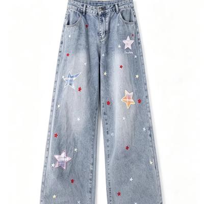 Moterims Mėlyni Y2k Laisvi Džinsai Su Žvaigždėmis Vintage Harajuku Grunge Hiphop Dydžio Džinsai Plačios Kojos Džinsiniai Kelnės Alternatyvūs Drabužiai