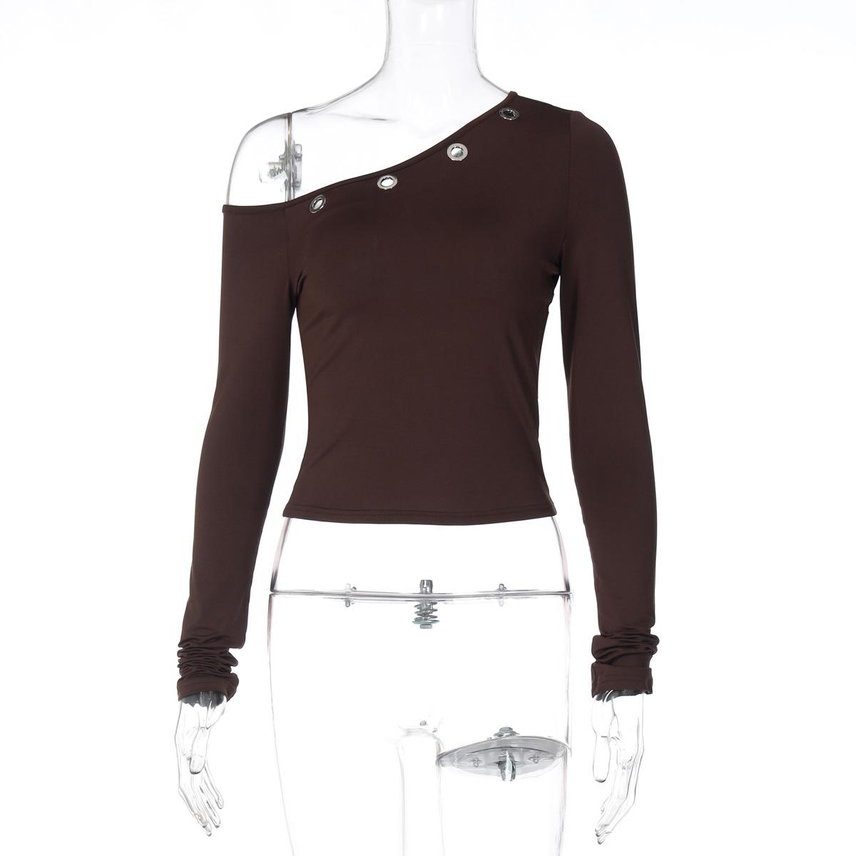 European Style Slant Neck Off Shoulder Solid Cropped Long Sleeve Pullover T Shirt S