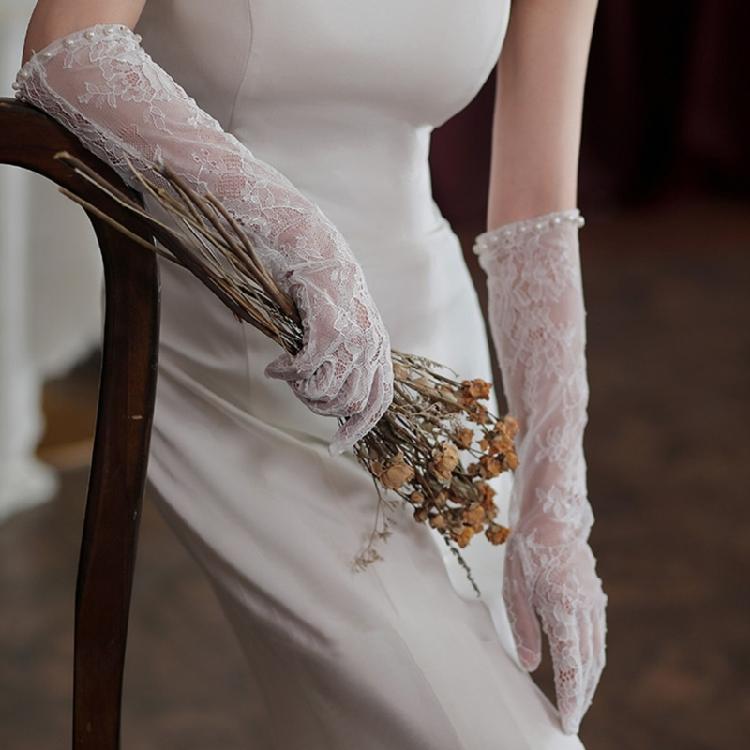 Stylish Lace and Pearls Long Gloves Designed For Ladies Music Festival Outfit Wedding Gown Accessories