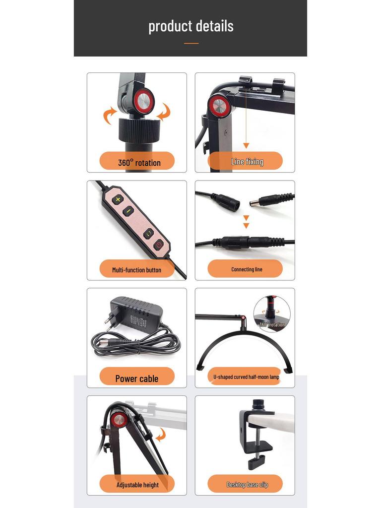 16" Half-Moon Beauty Light 20W with Articulated Arm for Nails, Microblading, Eyebrows, Eyelashes, Extensions, and U-Shaped Light