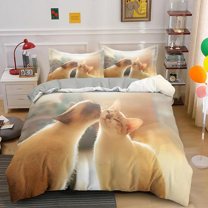 Super Cute Kitten Kids Bedding Set Kawaii Girl Quilt Cove King Queen Size Cute Cat Animal 3pcs Polyester Duvet Cover (No Sheet)