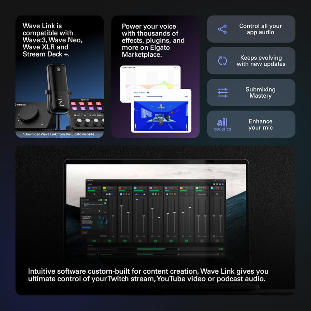Elgato Wave:3 Premium USB Condenser Microphone Black Plug & Play for Streaming Podcasting Gaming