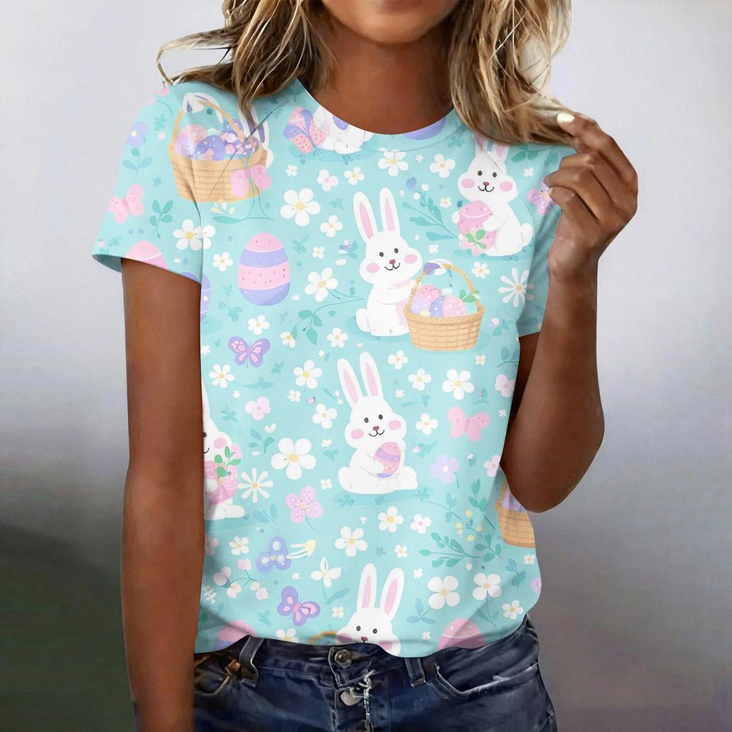 T-shirt Top Casual alla Moda da Donna a Maniche Corte Raglan con Stampa di Pasqua