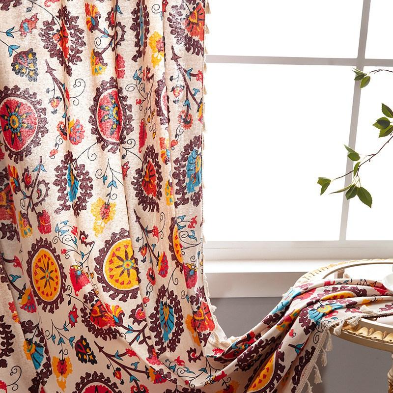 Bohemian Sunflower Jacquard with Tassels Curtain Thick Blackout Curtains for Living Room American Vintage Drape Kitchen Valance