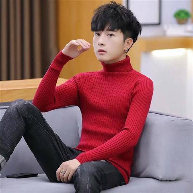 

Большой размер водолазка свитер мужской корейский стиль тонкий и модный молодежный трикотажный низ рубашка утолщенный мужской свитер куртка 2XL вино красного