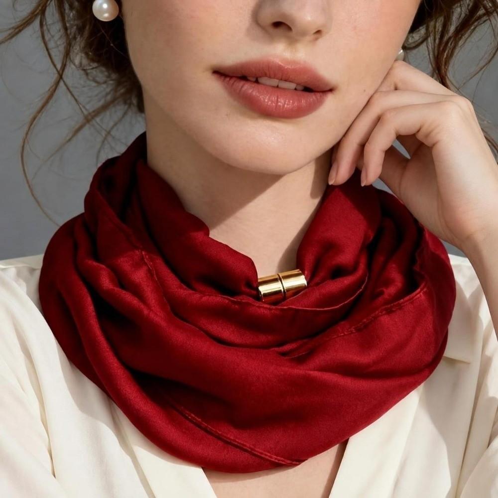 French Style Magnetic Buckle Scarf Magnet Clasp Silk Scarf Elegant Neck Scarf Autumn