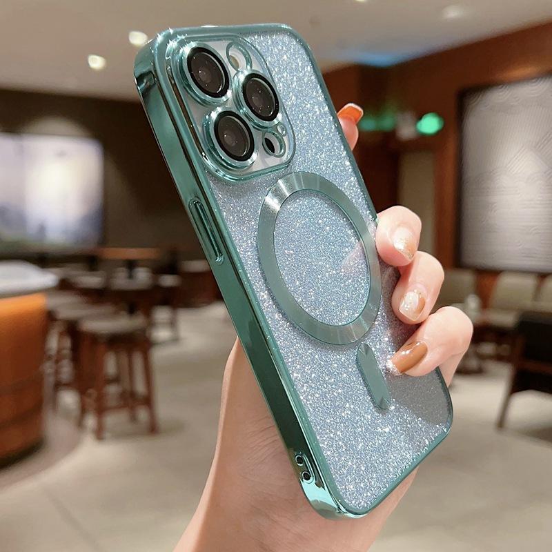 Použitelné pro pouzdro na mobilní telefon IPhone16E Galvanické pokovování Magnetické sání Apple 15promax Třpytivý prášek 14P s fólií na objektiv 13 Plné balení