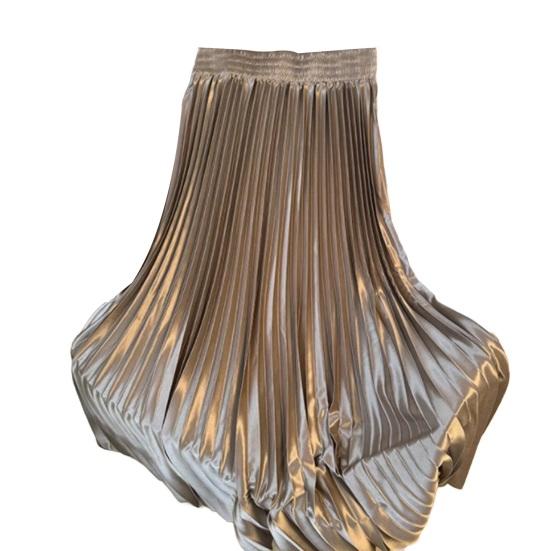 Maxi Skirt High Waist Glossy Long Skirt Solid Color Pleated Design Large Hem Dance Skirt Work Leisure Daily Wear
