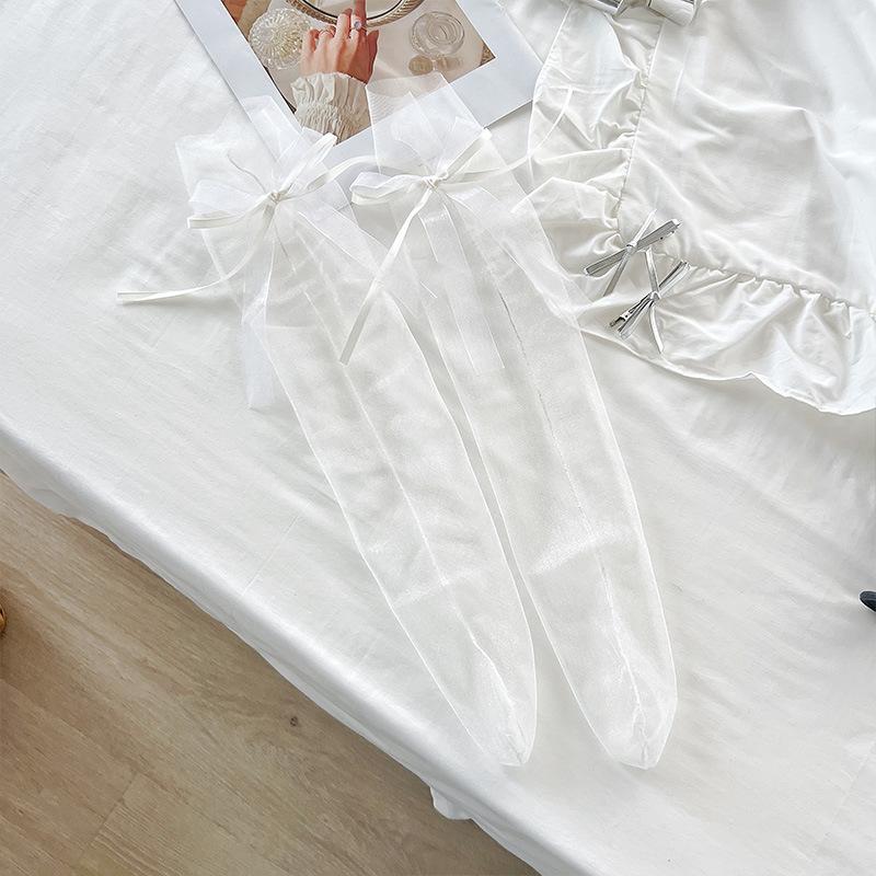 Ballet-style Socks for Women In Summer, Ultra-thin Mesh Sheer Transparent Crystal Mid-calf Socks with Ribbons and Bows, Sweet Stack Socks Jk