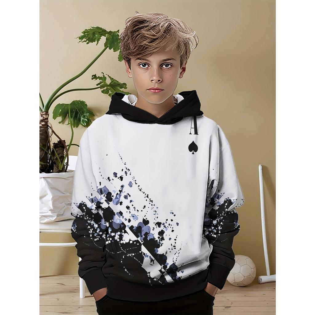 Boys' Black and White Graffiti Color 3D Printed Long Sleeved Hooded Sweatshirt, Boys' Spring and Autumn Sportswear