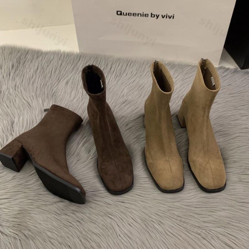 Women Ankle Boots 2026 Autumn Zipper Comfortable Short Boots Retro Fashion New Square Toe High Heel Shoes Women Botas De Mujer