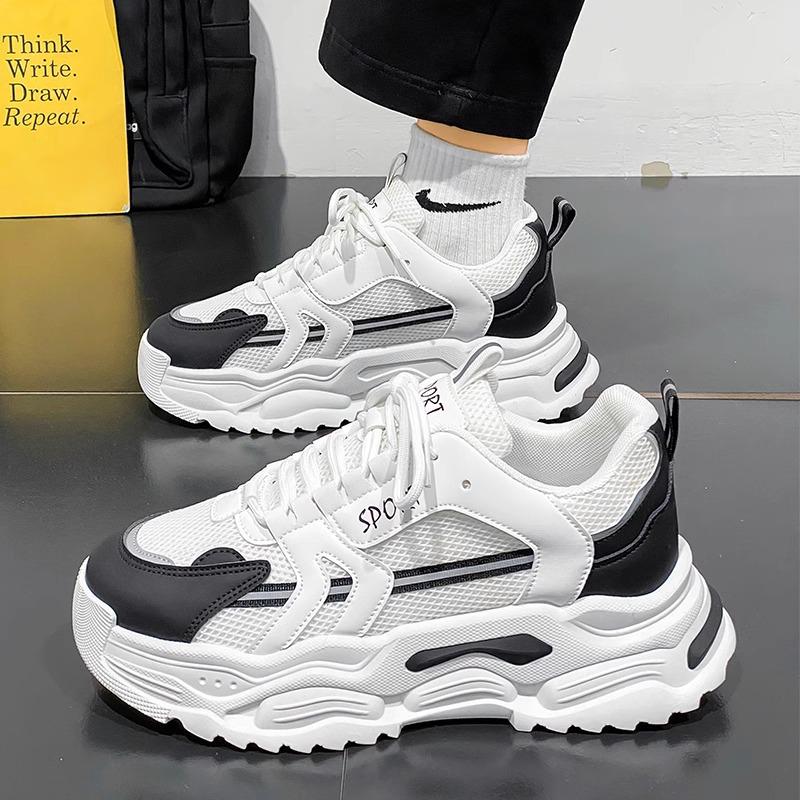 White Mesh Height-Increasing Men's Sneakers - Thick-Soled Casual Running Shoes for Autumn/Winter 2025