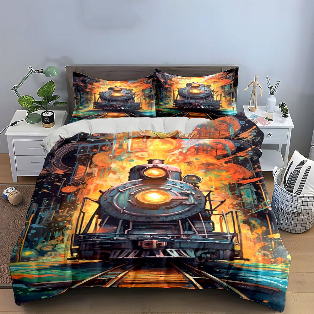 Steam locomotive and flames. Bedding sets Duvet cover sets Duvet covers Pillowcases(1 * Duvet Cover 2 * Pillowcases without duvet insert)