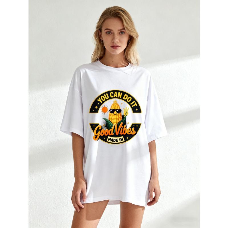 Oversized T Shirt Black Corn With Sunglasses And Peace Sign You Can Do It Good Vibes Made In Graphic Print Casual Summer Wear