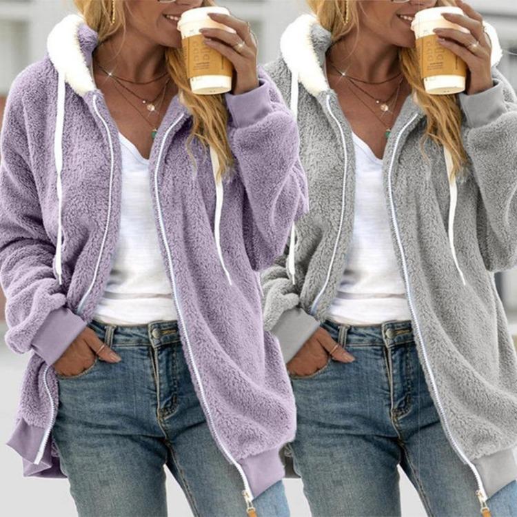 Women Winter Warm Fleece Jacket Oversized Plush Hooded Coat Long Sleeve Faux Fur Zipper Casual Female Outerwear